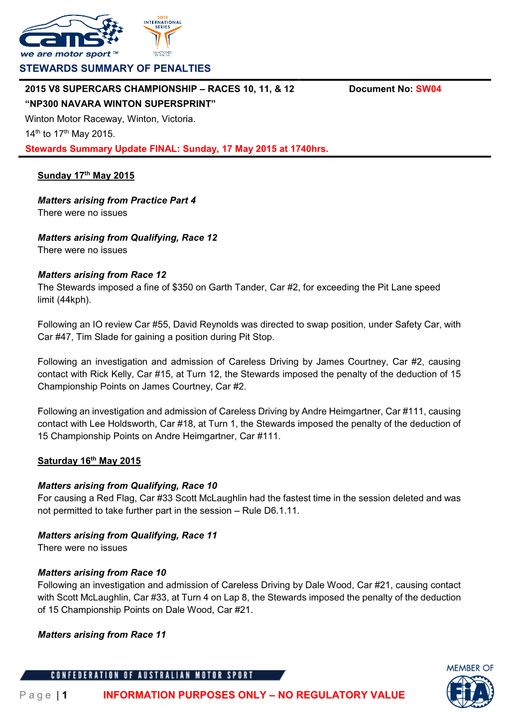 STEWARDS SUMMARY of PENALTIES Page