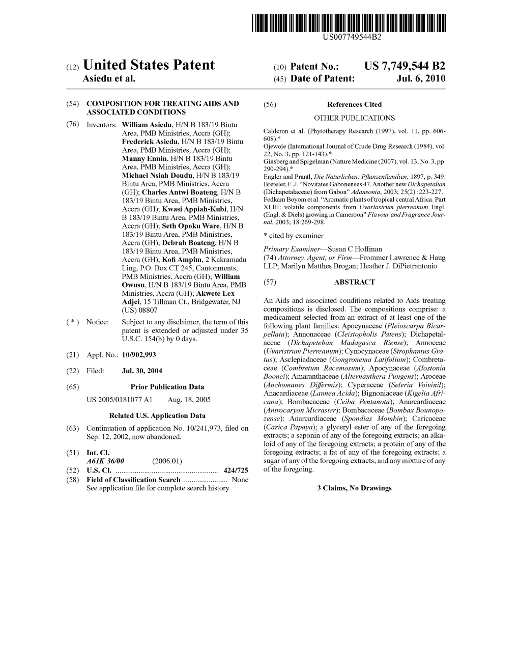 (12) United States Patent (10) Patent No.: US 7,749,544 B2 Asiedu Et Al