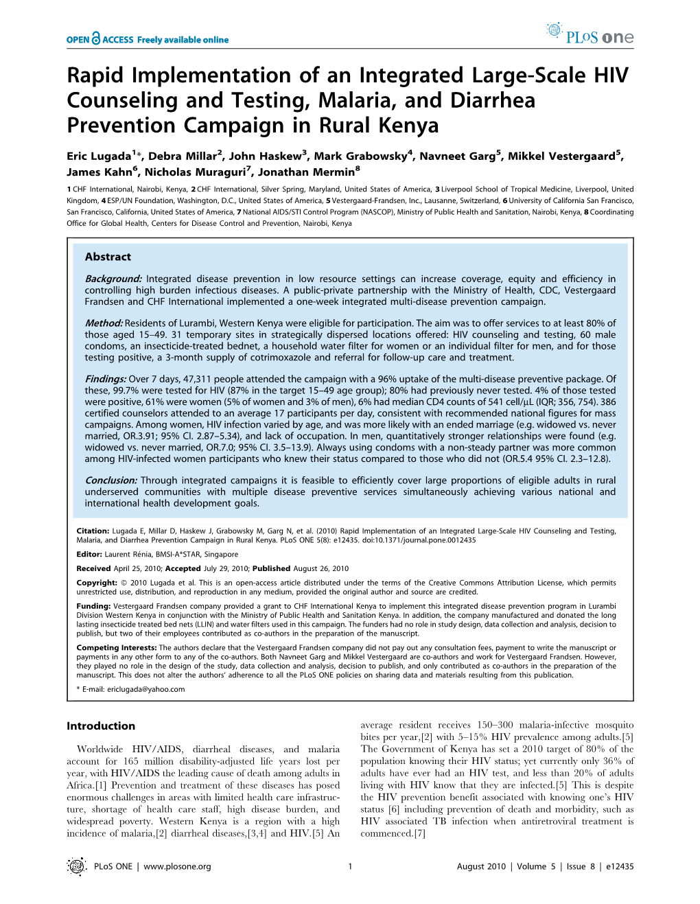 Rapid Implementation of an Integrated Large-Scale HIV Counseling and Testing, Malaria, and Diarrhea Prevention Campaign in Rural Kenya