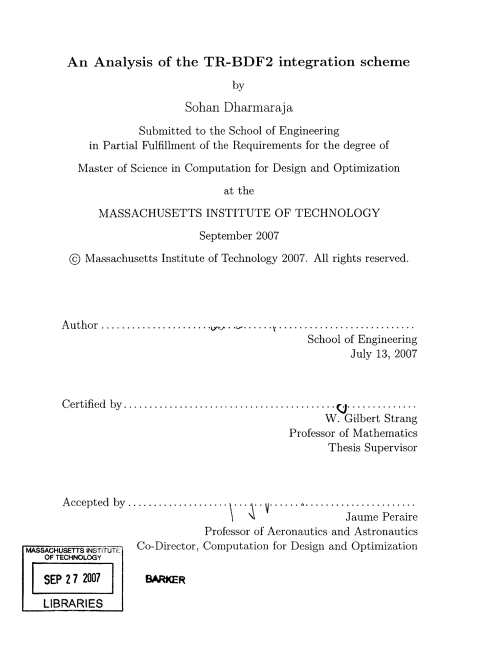 An Analysis of the TR-BDF2 Integration Scheme Sohan