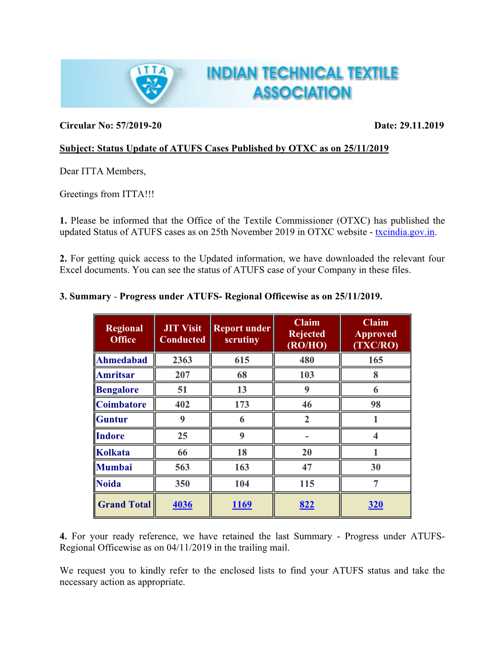 29.11.2019 Subject: Status Update of ATUFS Cases Published by OTXC