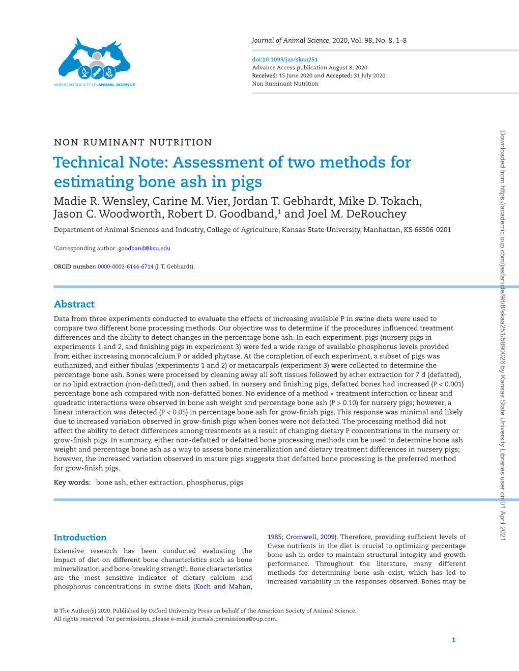 Assessment of Two Methods for Estimating Bone Ash in Pigs Madie R