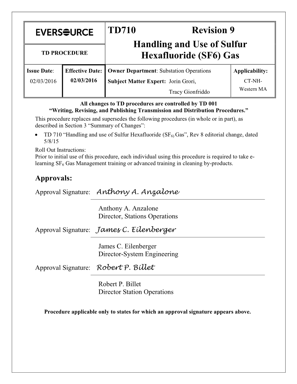 TD710 Revision 9 Handling and Use of Sulfur Hexafluoride (SF6)