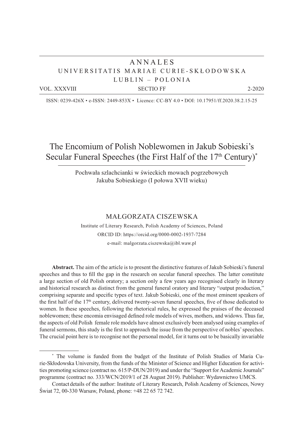 The Encomium of Polish Noblewomen in Jakub Sobieski's Secular