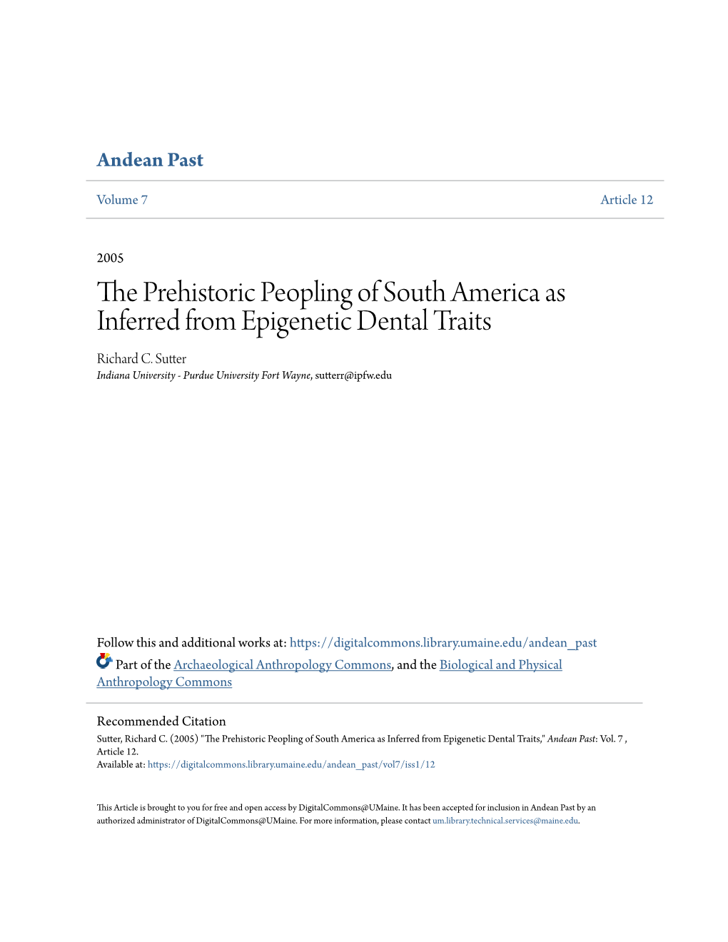 The Prehistoric Peopling of South America As Inferred from Epigenetic Dental Traits