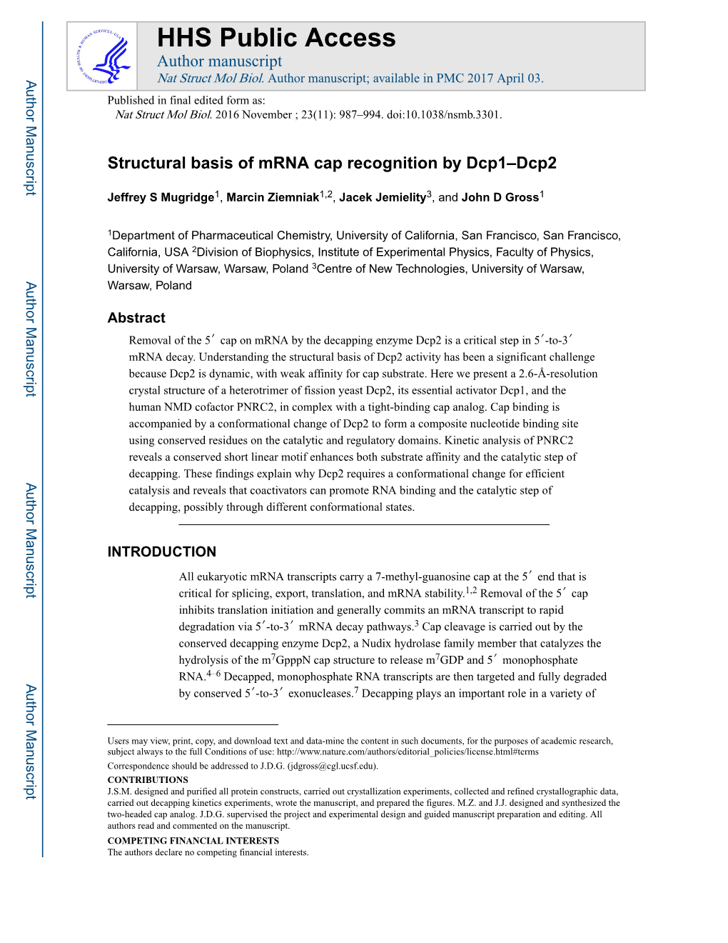 Structural Basis of Mrna Cap Recognition by Dcp1–Dcp2