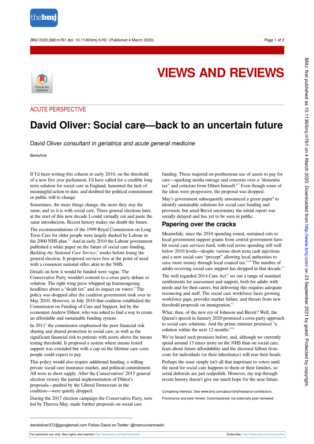 Social Care—Back to an Uncertain Future