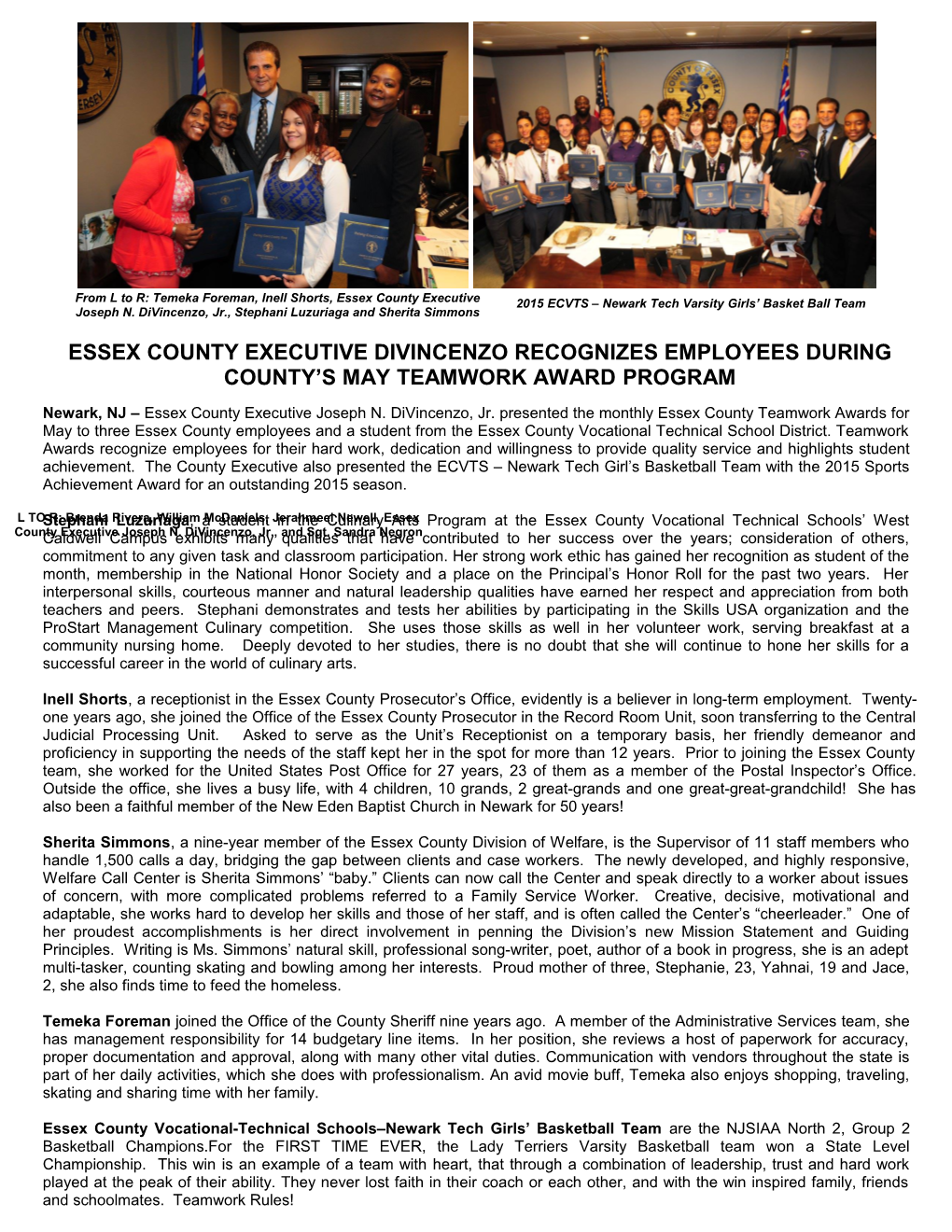 Essex County Executive Divincenzo Recognizes Employees During County S May Teamwork Awards