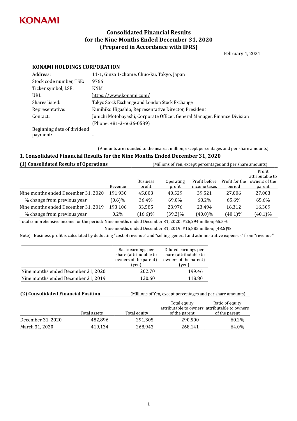 Consolidated Financial Results for the Nine Months Ended December 31, 2020 (Prepared in Accordance with IFRS) February 4, 2021