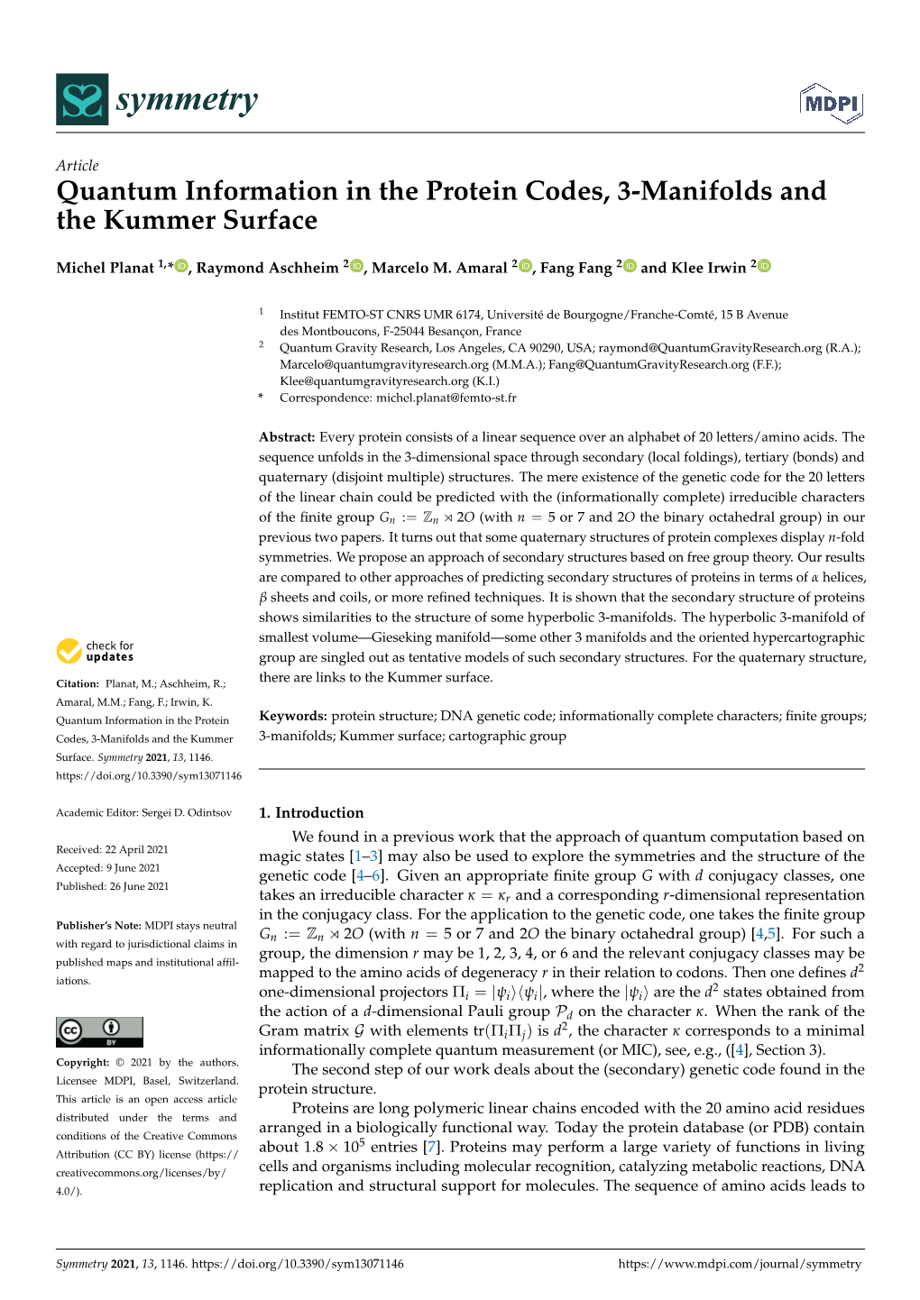 Quantum Information in the Protein Codes, 3-Manifolds and the Kummer Surface