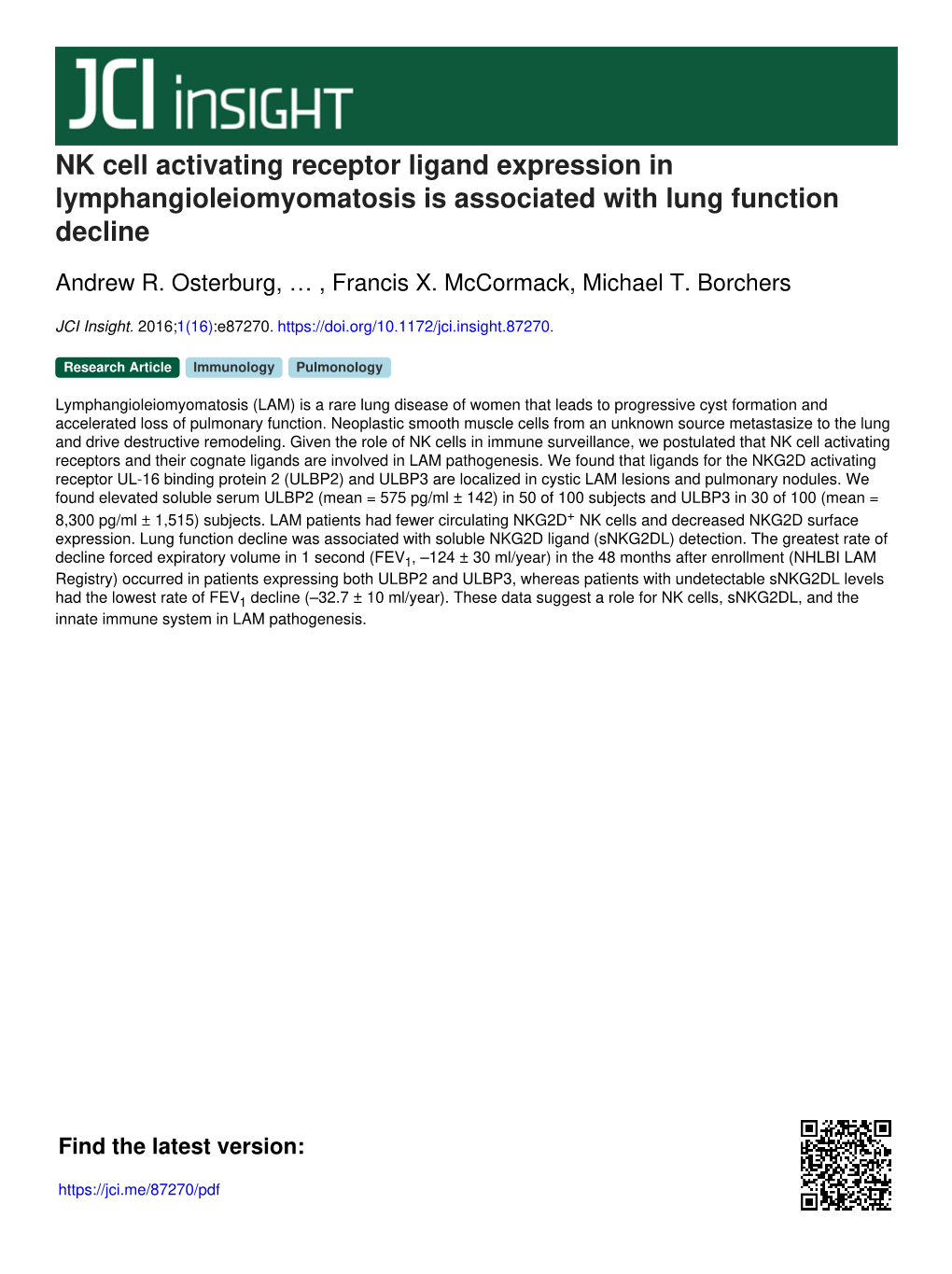 NK Cell Activating Receptor Ligand Expression in Lymphangioleiomyomatosis Is Associated with Lung Function Decline