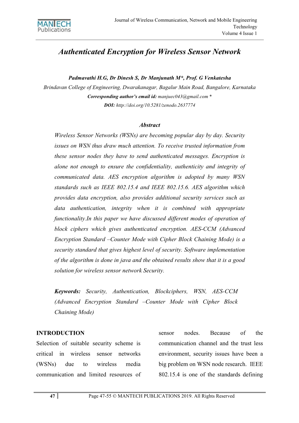 Authenticated Encryption for Wireless Sensor Network