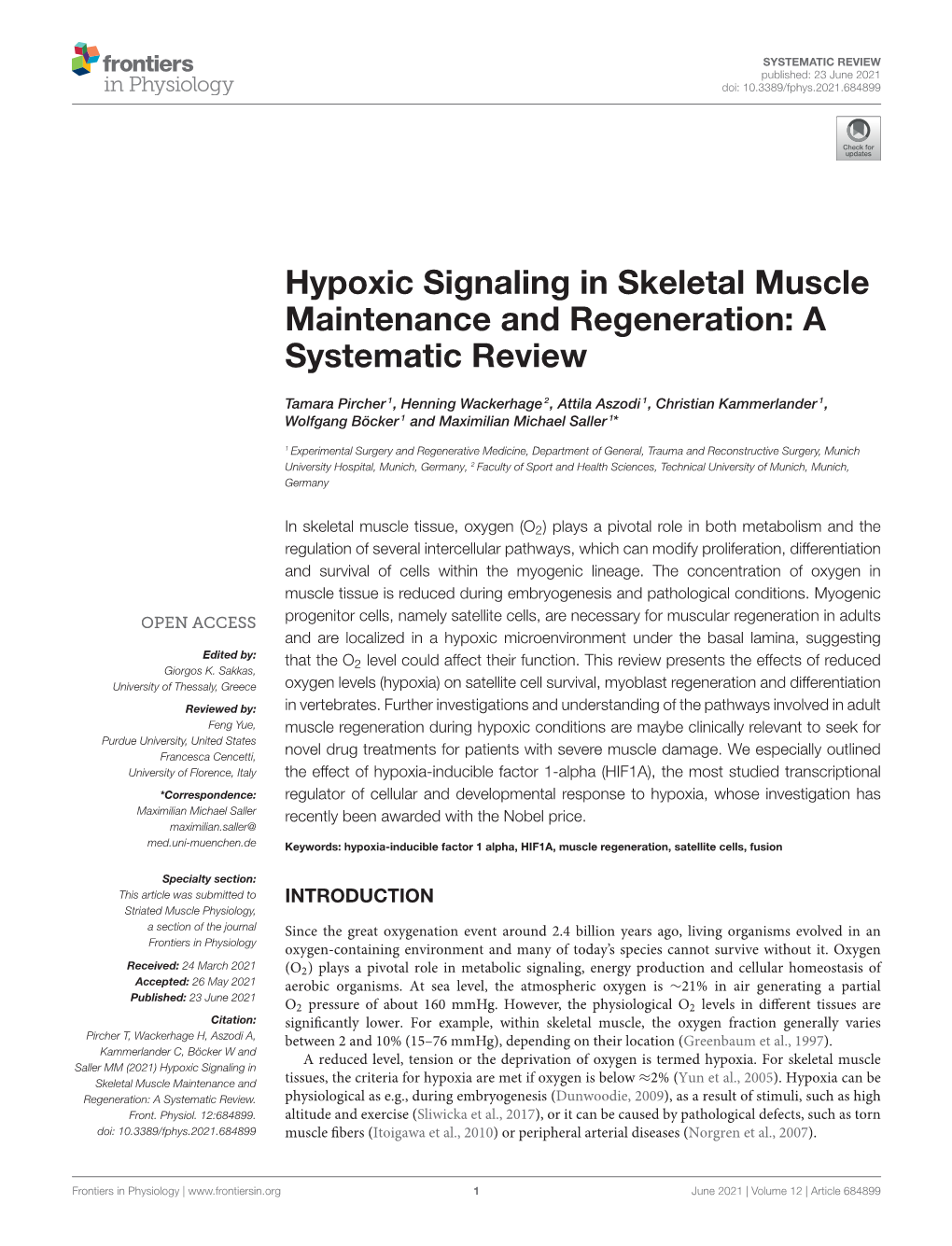 Hypoxic Signaling in Skeletal Muscle Maintenance and Regeneration: a Systematic Review