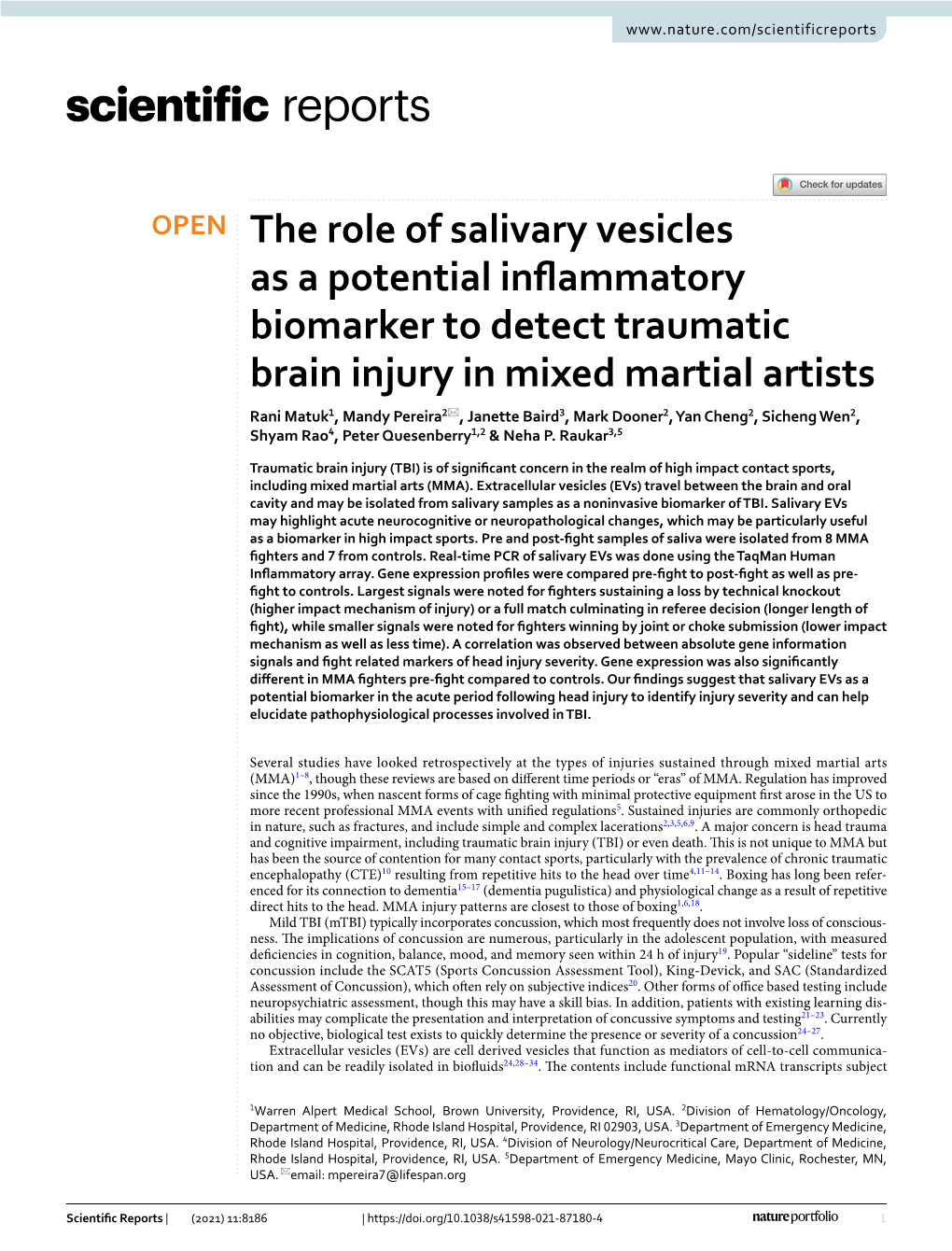 The Role of Salivary Vesicles As a Potential Inflammatory Biomarker to Detect Traumatic Brain Injury in Mixed Martial Artists