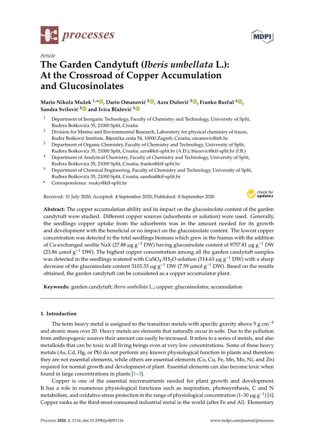 The Garden Candytuft (Iberis Umbellata L.): at the Crossroad of Copper Accumulation and Glucosinolates