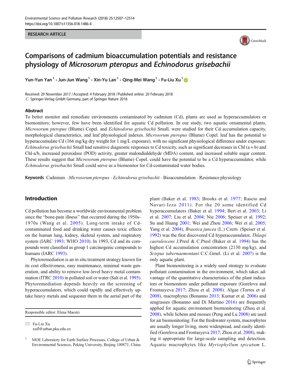 Comparisons of Cadmium Bioaccumulation Potentials and Resistance Physiology of Microsorum Pteropus and Echinodorus Grisebachii