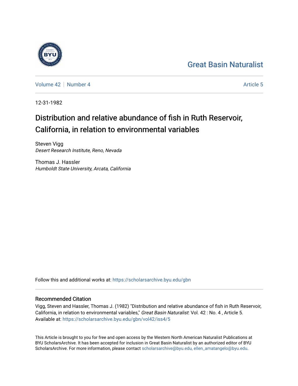 Distribution and Relative Abundance of Fish in Ruth Reservoir, California, in Relation to Environmental Variables