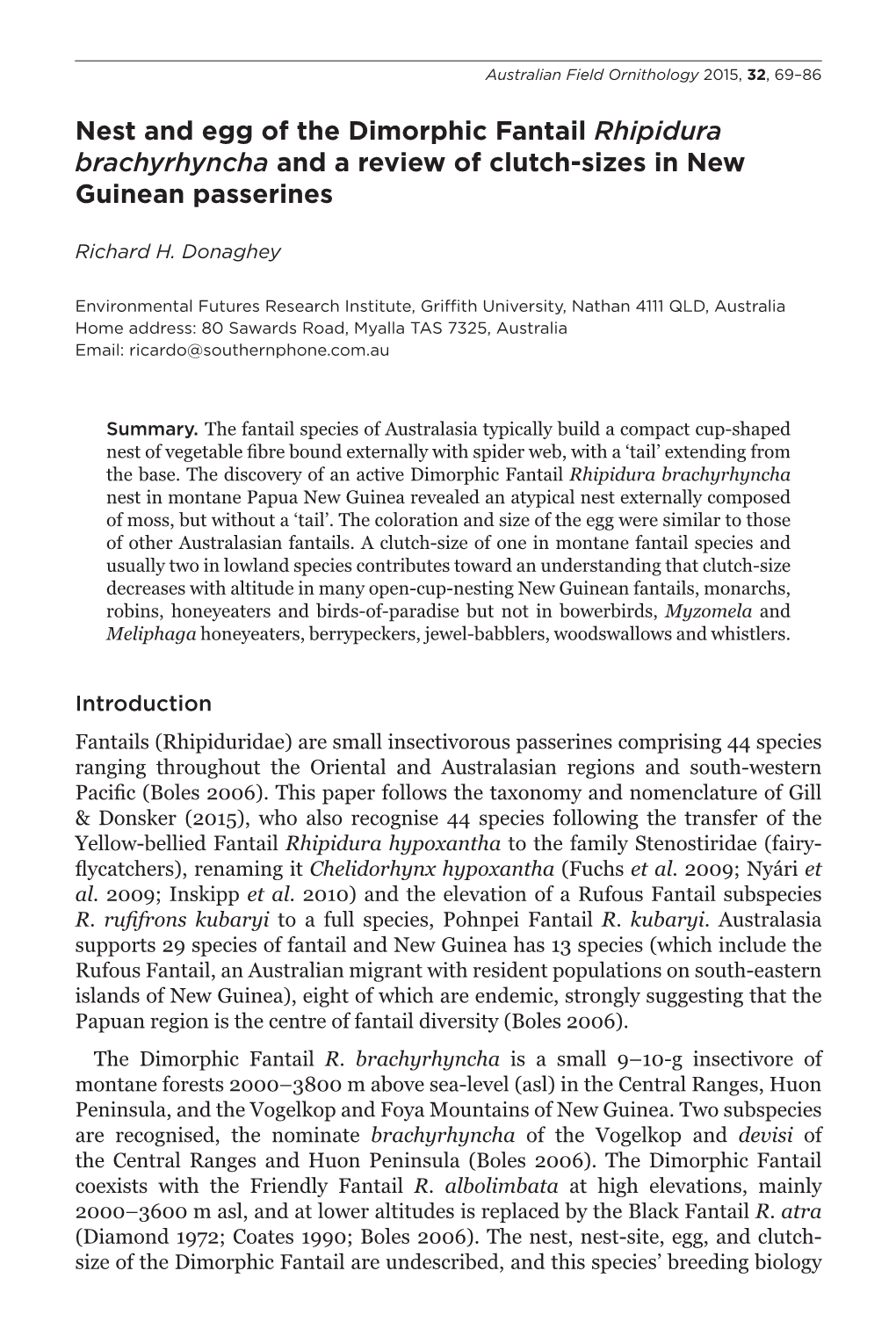 Nest and Egg of the Dimorphic Fantail Rhipidura Brachyrhyncha and a Review of Clutch-Sizes in New Guinean Passerines