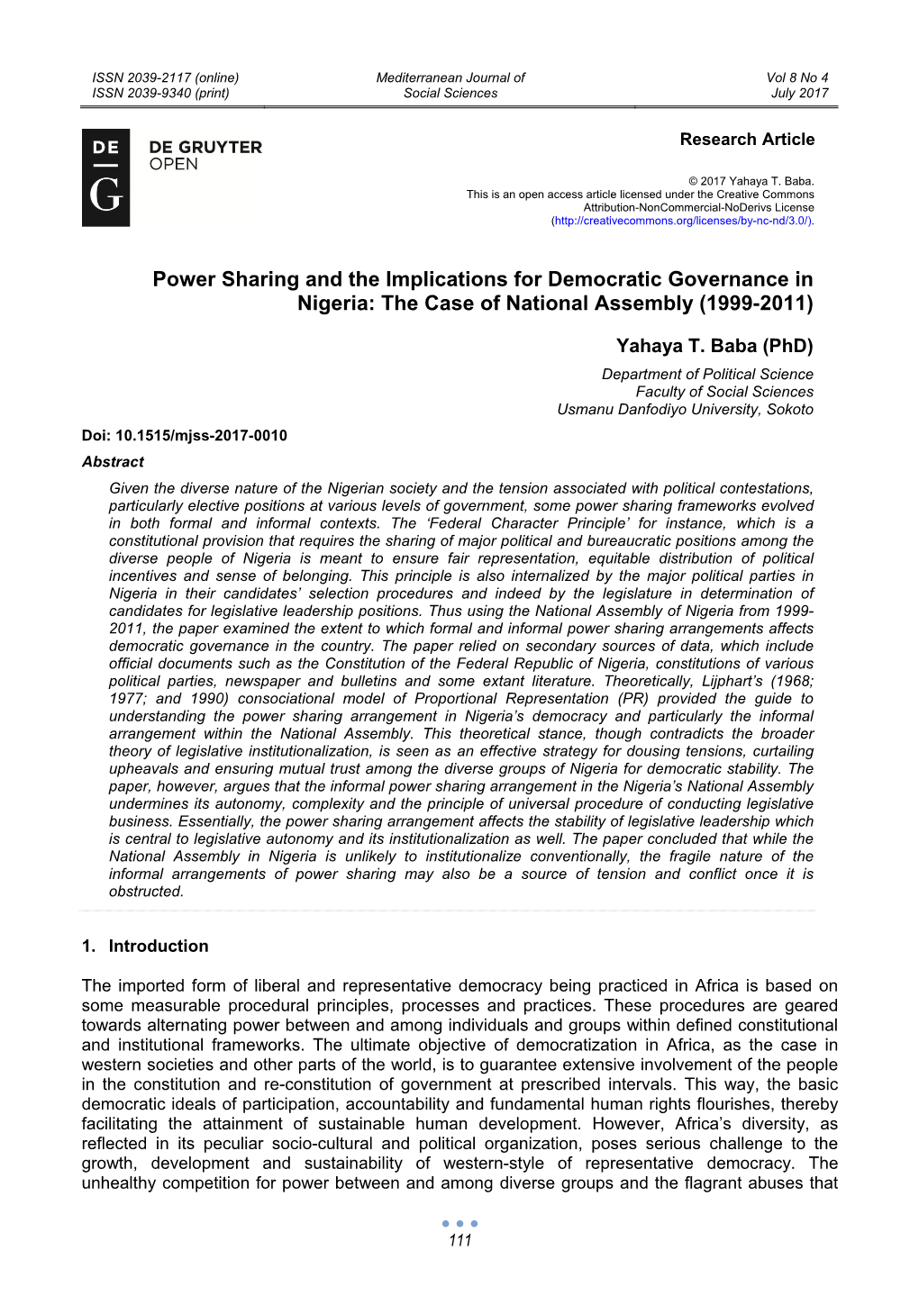 Power Sharing and the Implications for Democratic Governance in Nigeria: the Case of National Assembly (1999-2011)