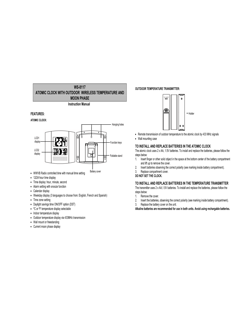 Atomic Clock with Outdoor Wireless Temperature and Moon Phase