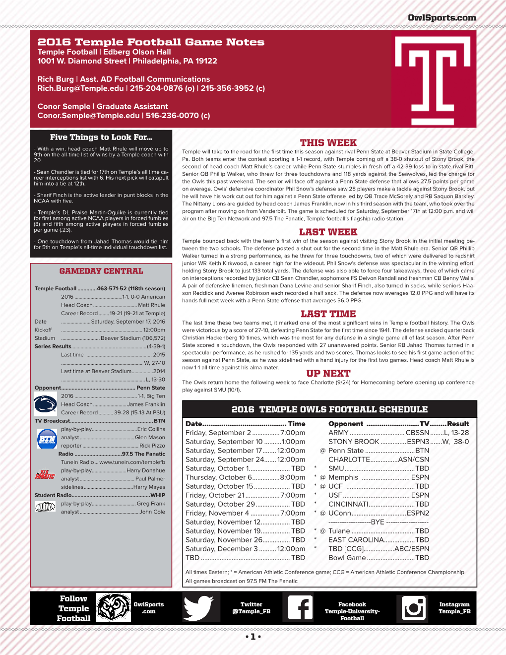 2016 Temple Football Game Notes Temple Football | Edberg Olson Hall 1001 W