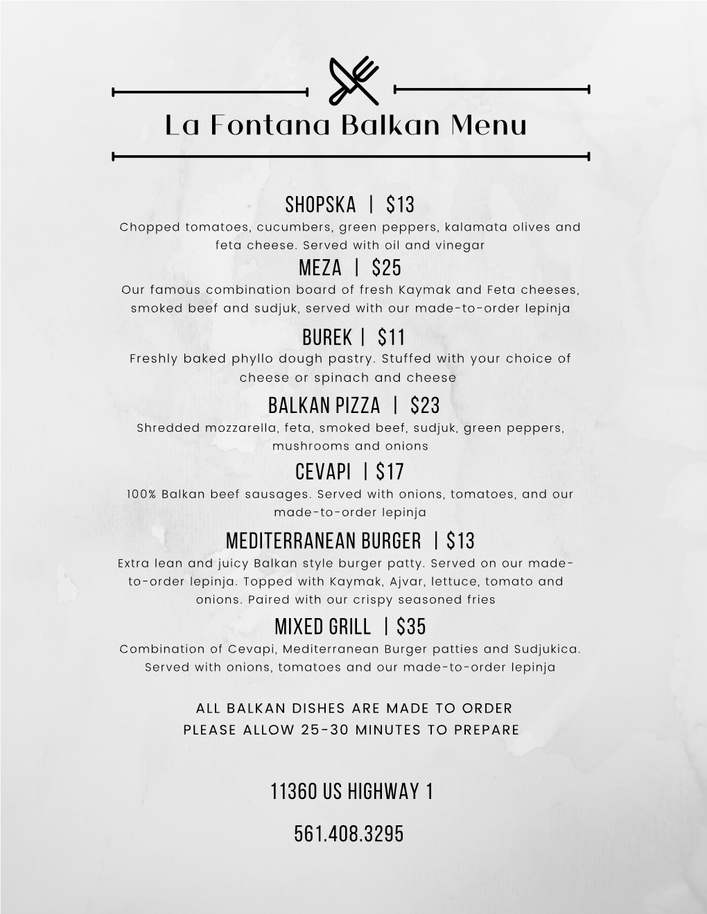 La Fontana Balkan Menu