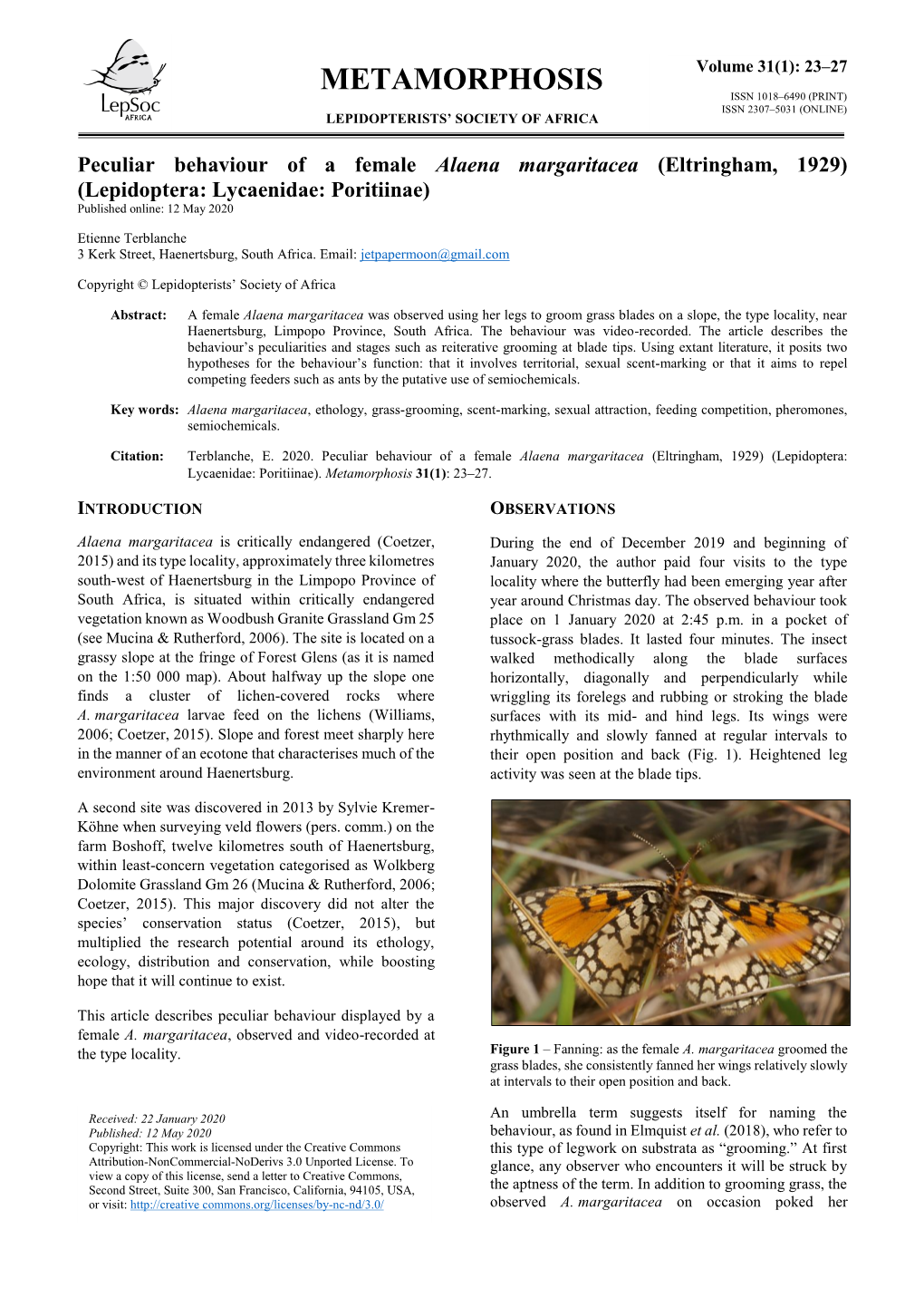 Metamorphosis Issn 1018–6490 (Print) Issn 2307–5031 (Online) Lepidopterists’ Society of Africa