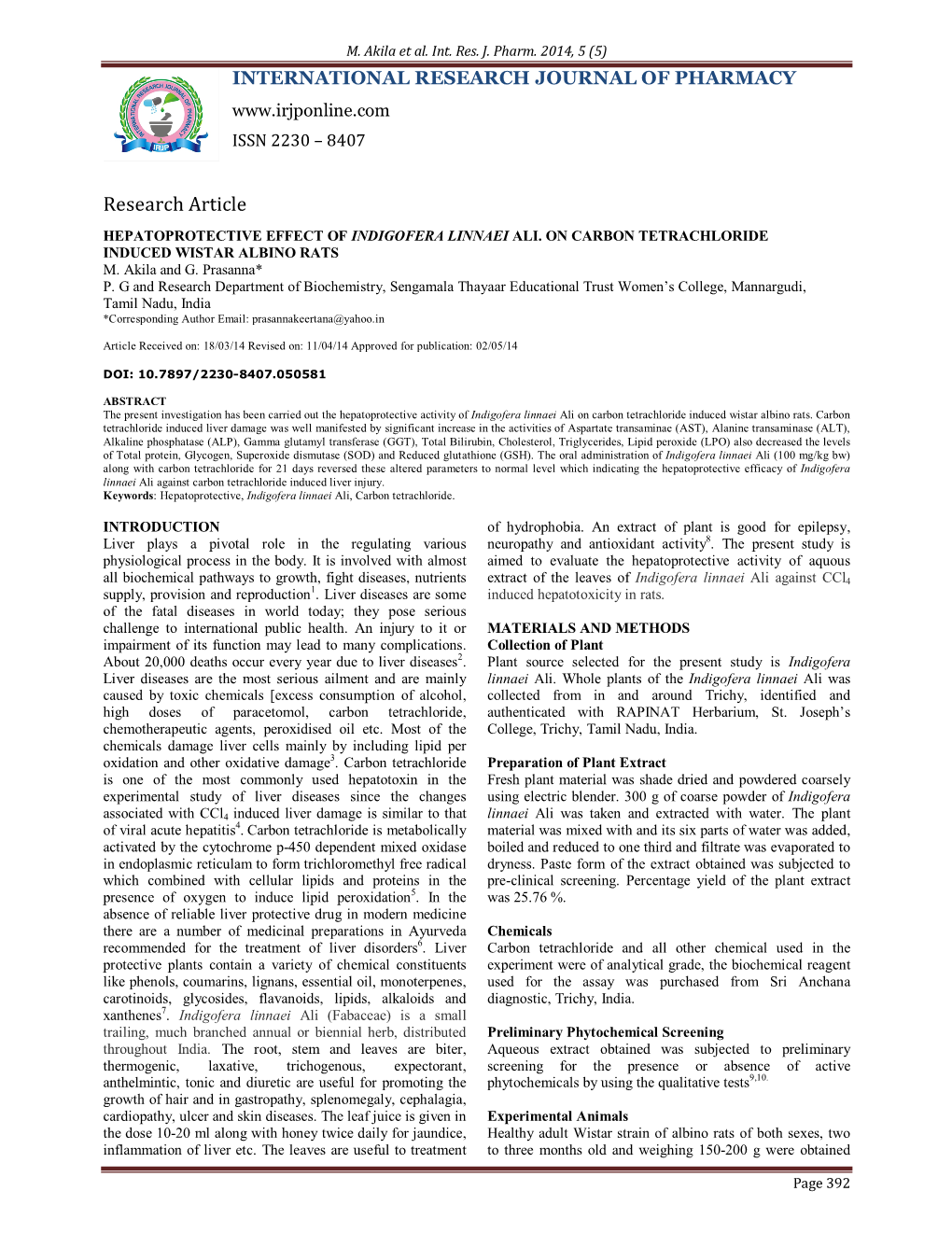 Hepatoprotective Effect of Indigofera Linnaei Ali. on Carbon Tetrachloride Induced Wistar Albino Rats M