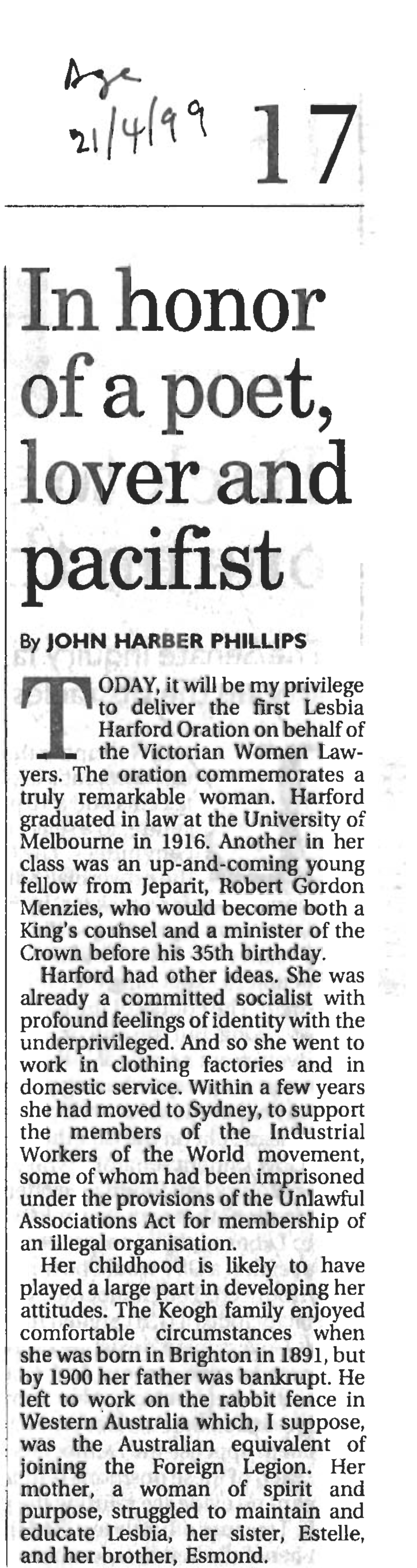 By JOHN HARBER PHILLIPS ODAY, It Will Be My Privilege to Deliver the First Lesbia Harford Oration on Behalf of Tthe Victorian Women Law- Yers