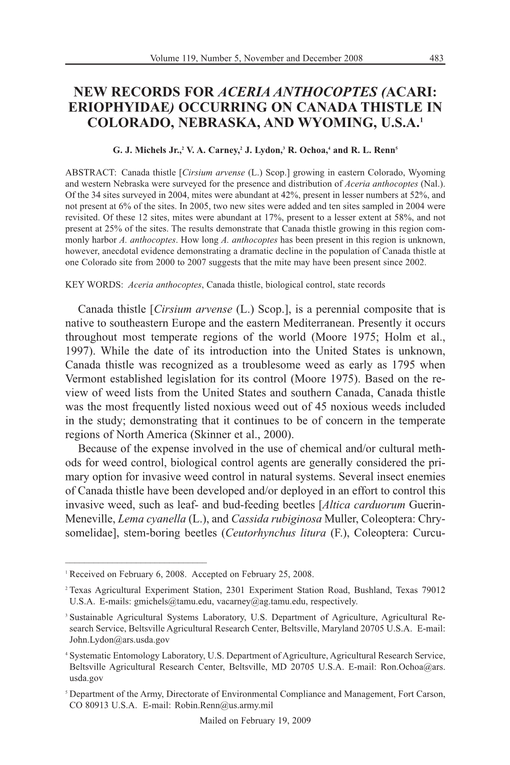 New Records for Aceria Anthocoptes (Acari: Eriophyidae) Occurring on Canada Thistle in Colorado, Nebraska, and Wyoming, U.S.A.1