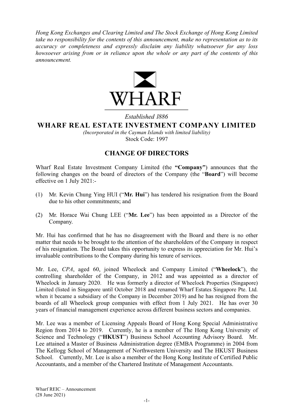 Wharf Real Estate Investment Company Limited Change Of