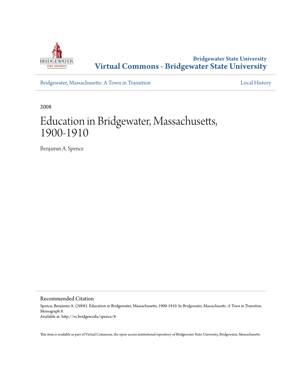 Education in Bridgewater, Massachusetts, 1900-1910 Benjamin A