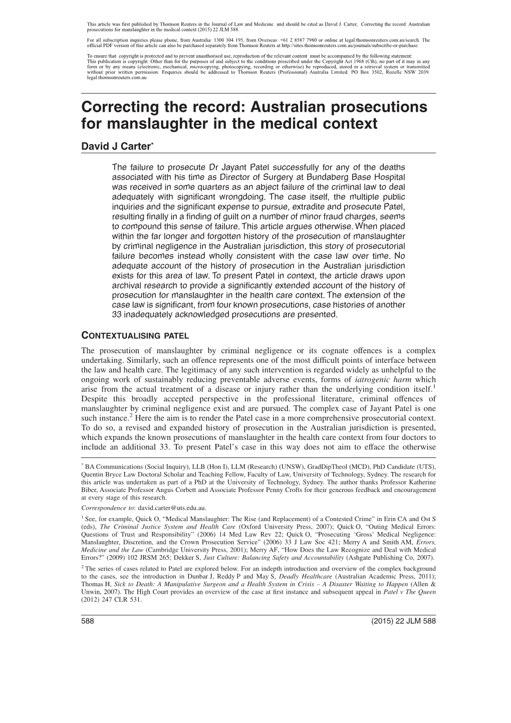 Australian Prosecutions for Manslaughter in the Medical Context