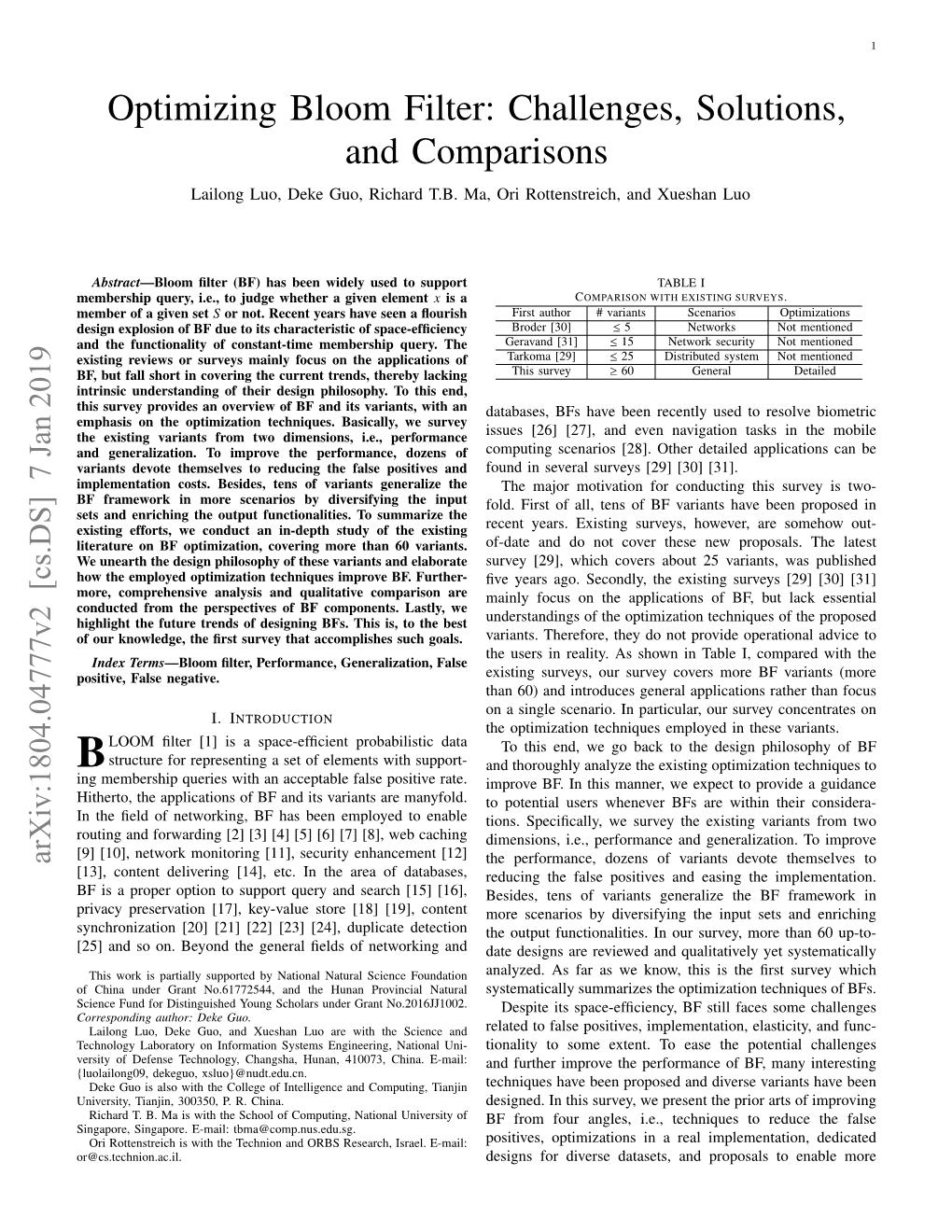 Optimizing Bloom Filter: Challenges, Solutions, and Comparisons Lailong Luo, Deke Guo, Richard T.B