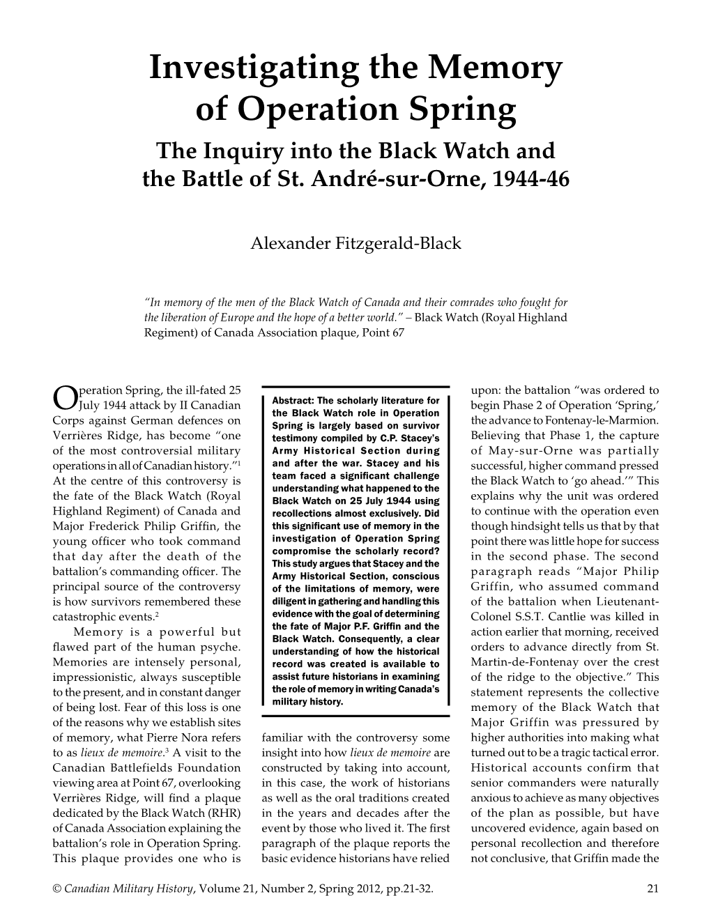 Investigating the Memory of Operation Spring the Inquiry Into the Black Watch and the Battle of St