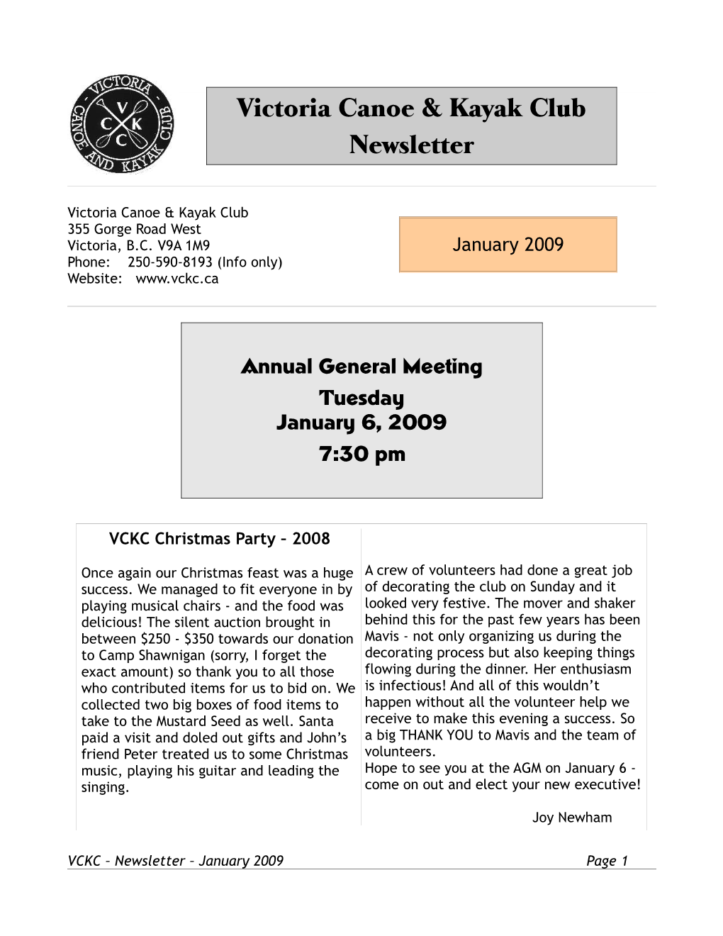 Victoria Canoe & Kayak Club Newsletter