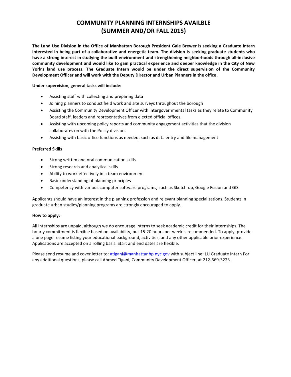 Community Planning Internships Availble (Summer And/Or Fall 2015)