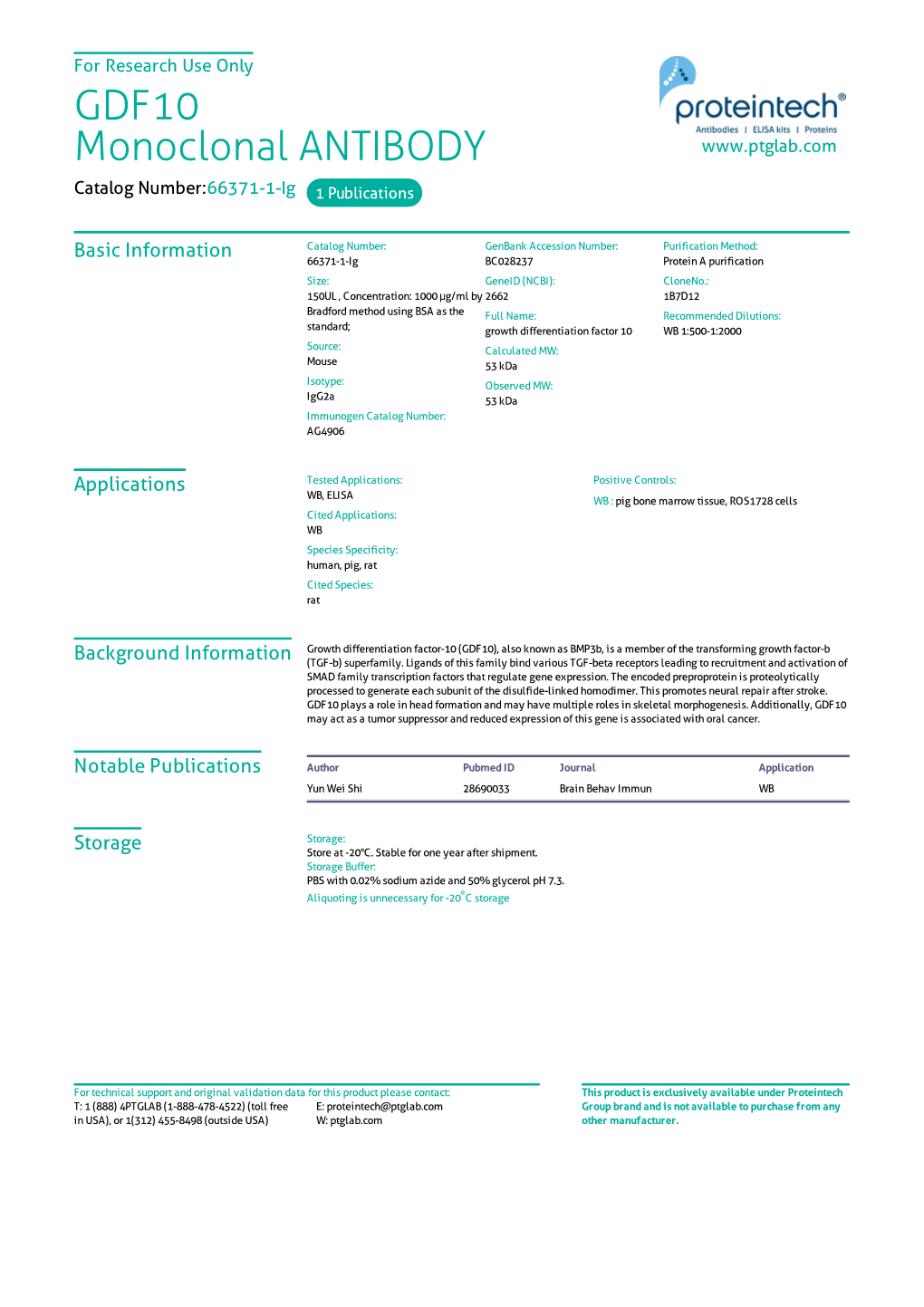 GDF10 Monoclonal ANTIBODY Catalog Number:66371-1-Ig 1 Publications