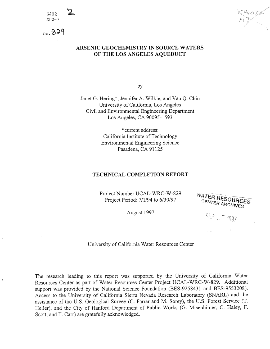 Arsenic Geochemistry in Source Waters of the Los Angeles Aqueduct