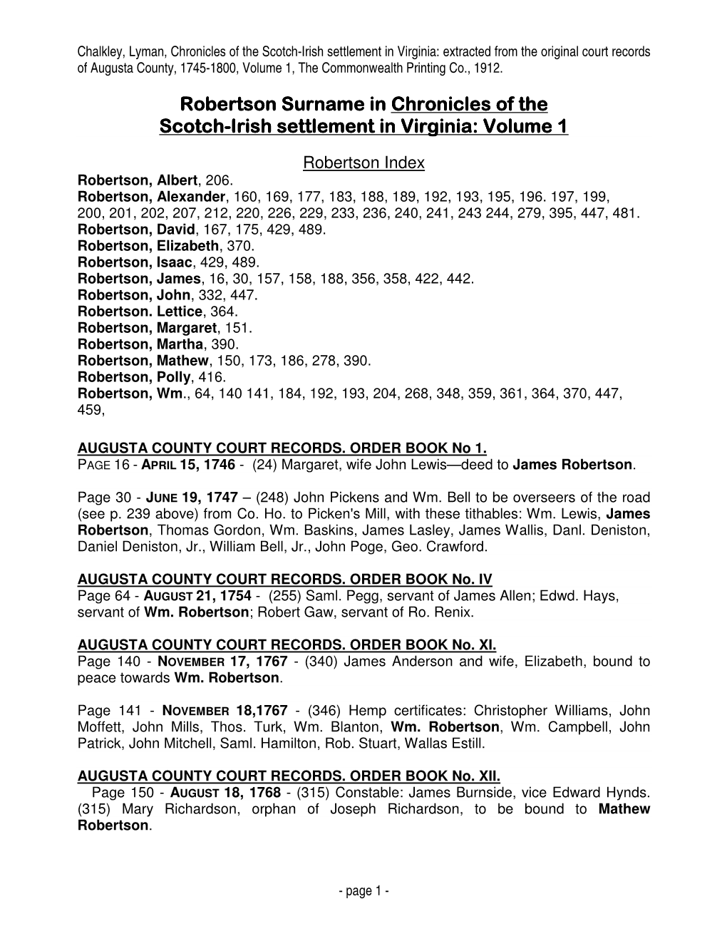 Robertson Surname in Chronicles of the Scotchscotch----Irishirish Settlement in Virginiavirginia:: Volume 1