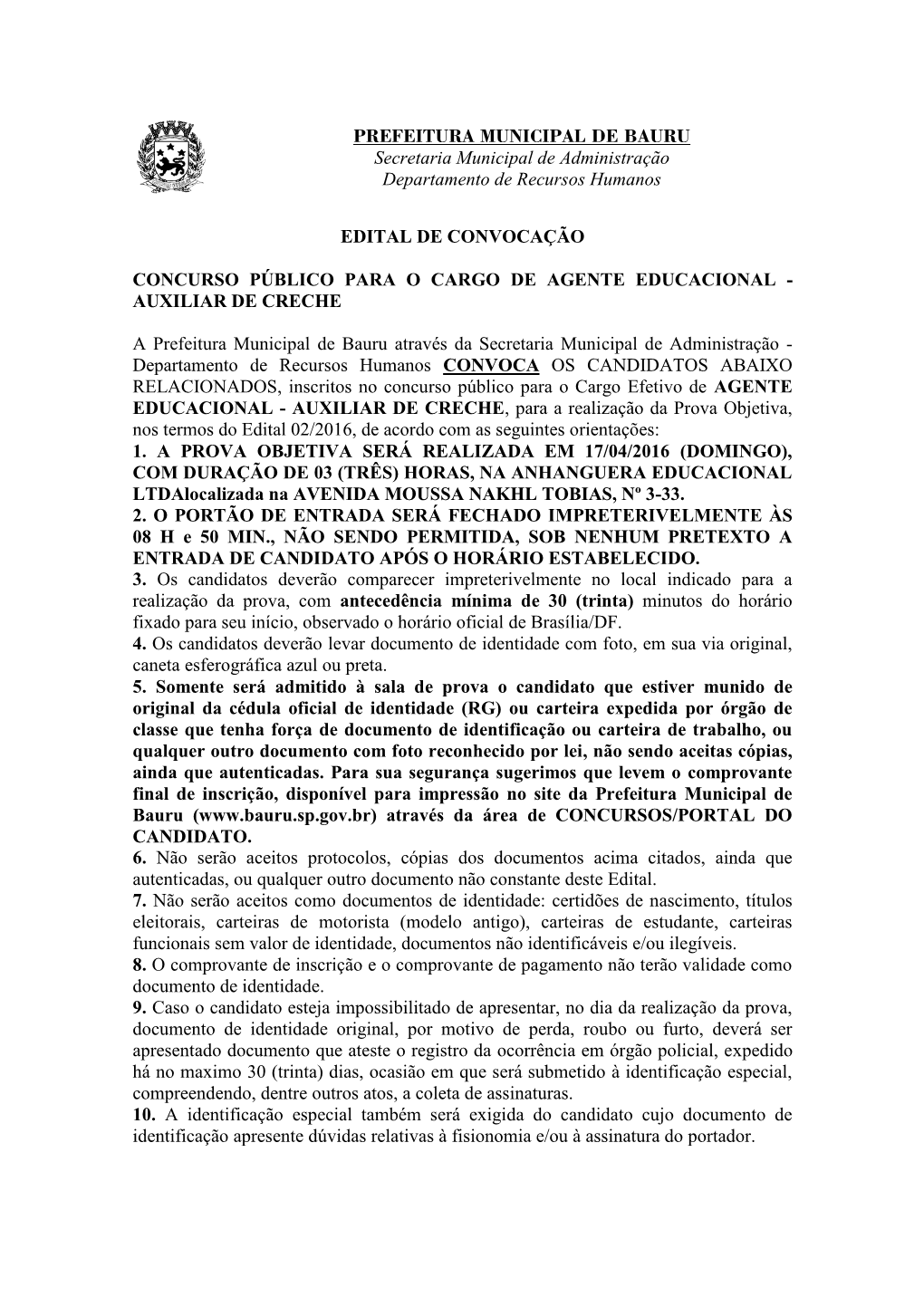 PREFEITURA MUNICIPAL DE BAURU Secretaria Municipal De Administração Departamento De Recursos Humanos