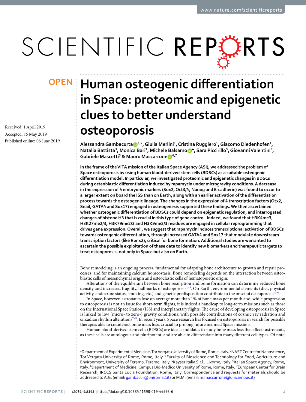 Human Osteogenic Differentiation in Space: Proteomic and Epigenetic