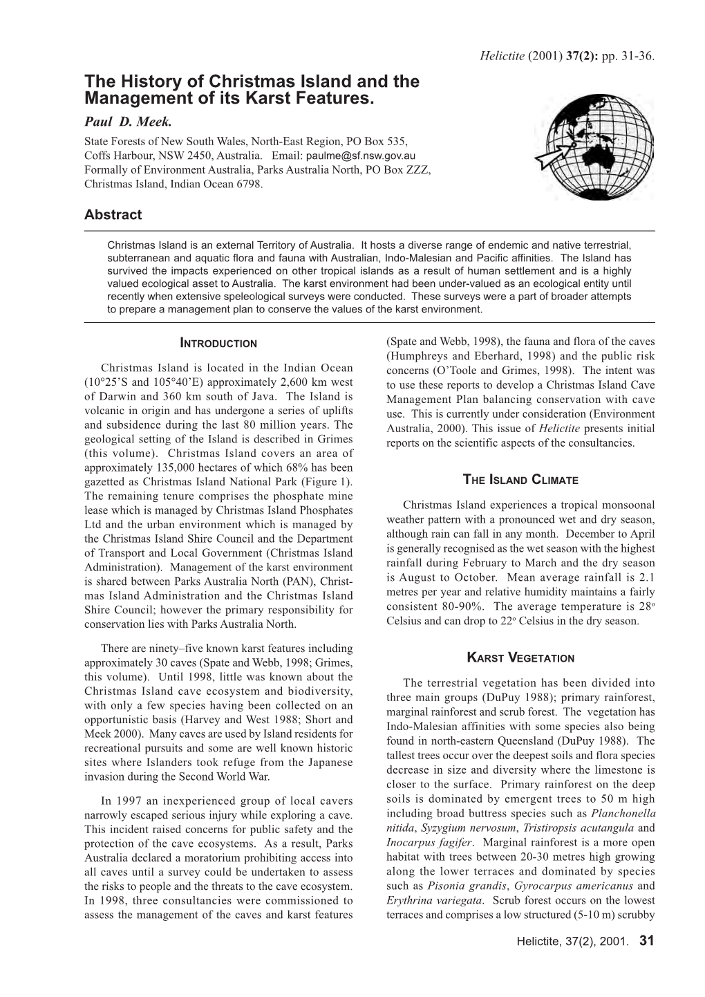 The History of Christmas Island and the Management of Its Karst Features. Paul D