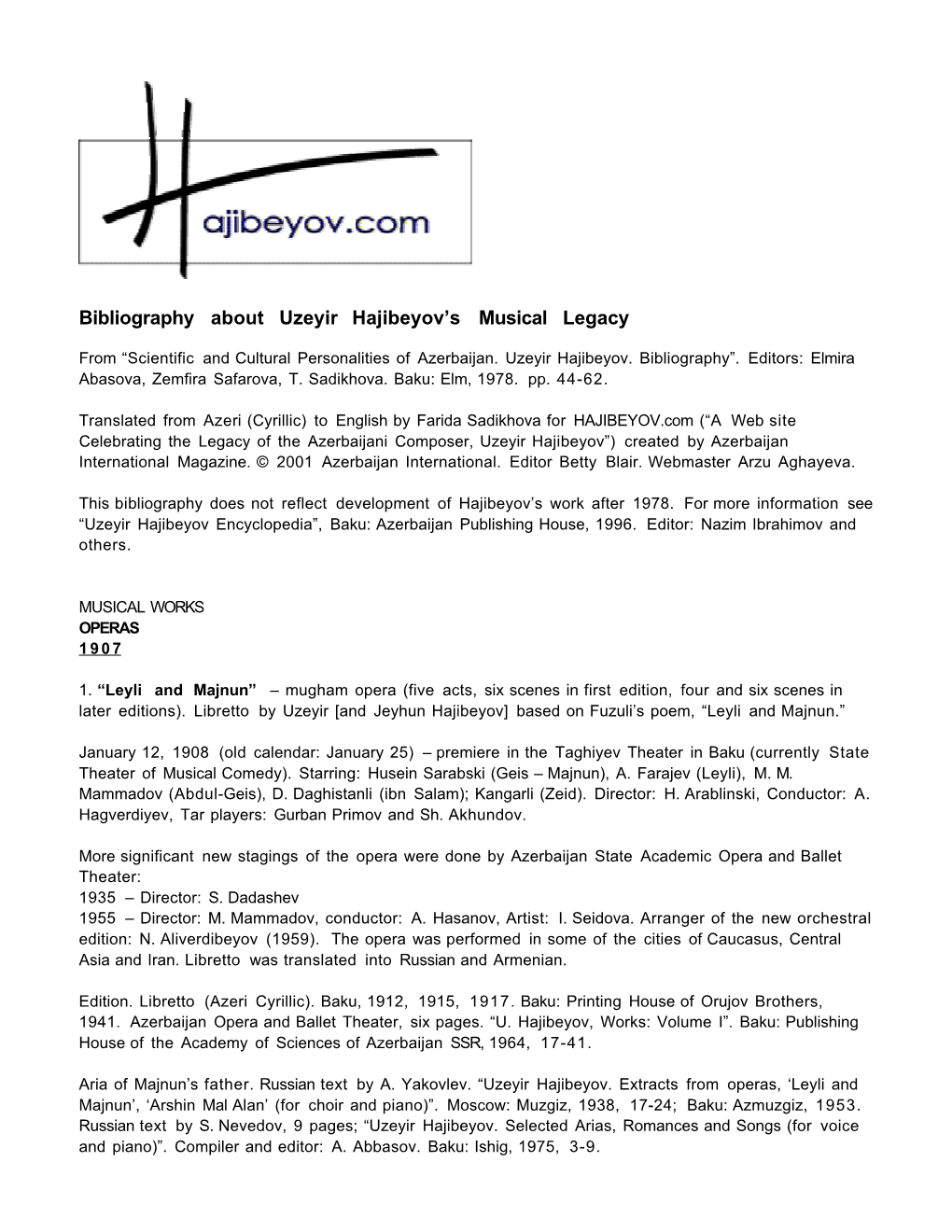 Bibliography About Uzeyir Hajibeyov's Musical Legacy