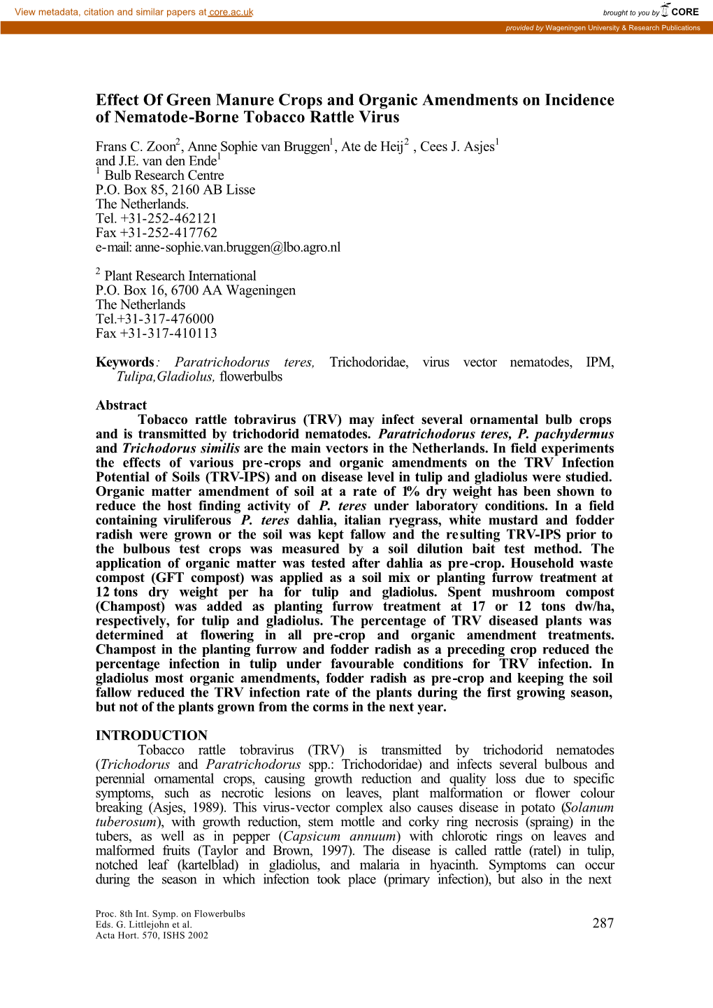 Effect of Green Manure Crops and Organic Amendments on Incidence of Nematode-Borne Tobacco Rattle Virus