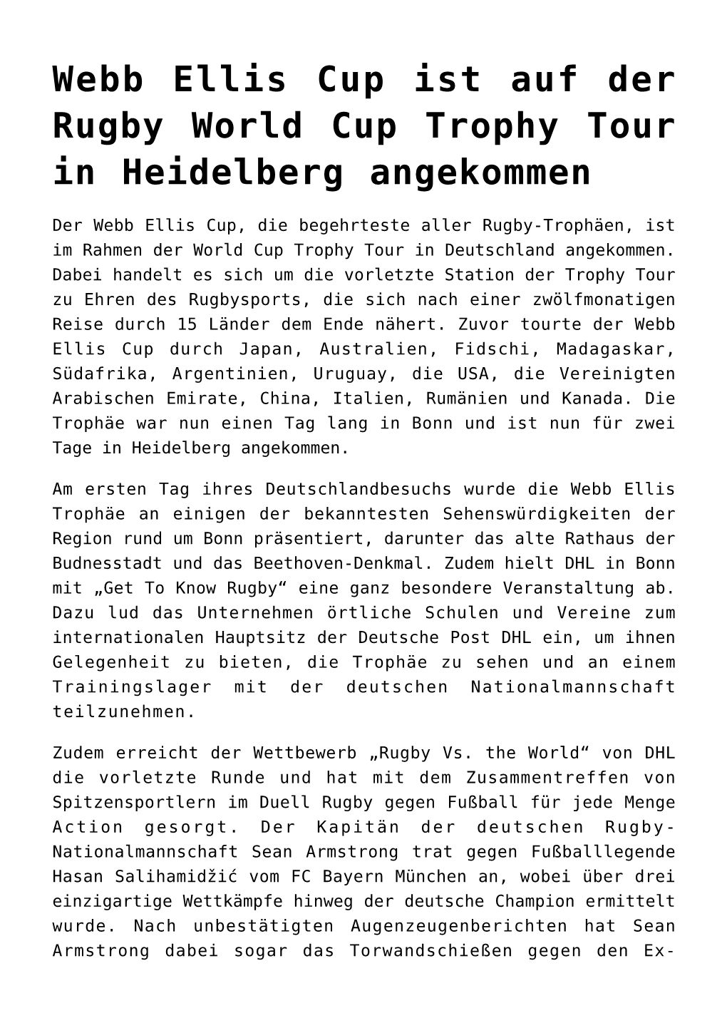 Webb Ellis Cup Ist Auf Der Rugby World Cup Trophy Tour in Heidelberg Angekommen