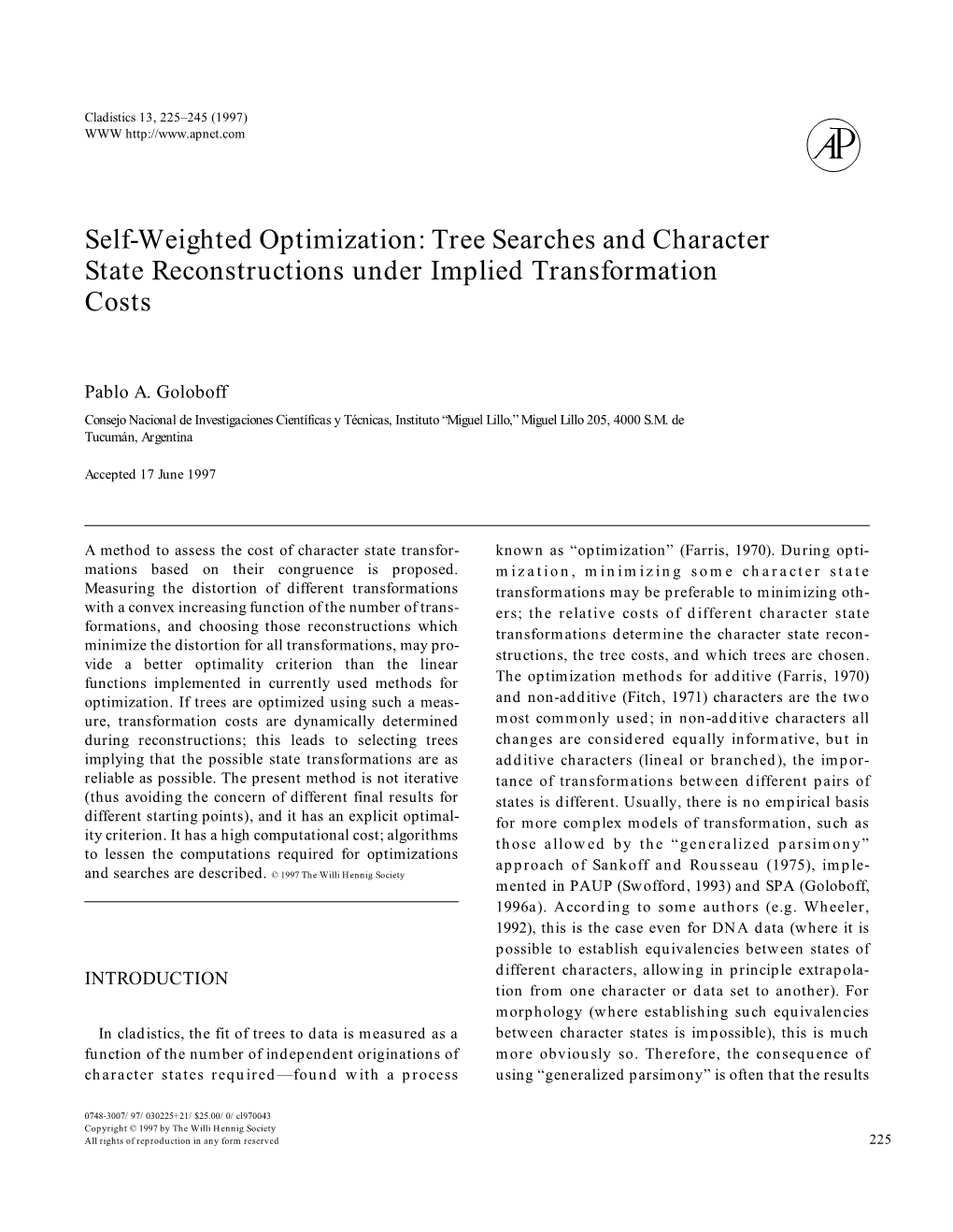 Self-Weighted Optimization: Tree Searches and Character State Reconstructions Under Implied Transformation Costs