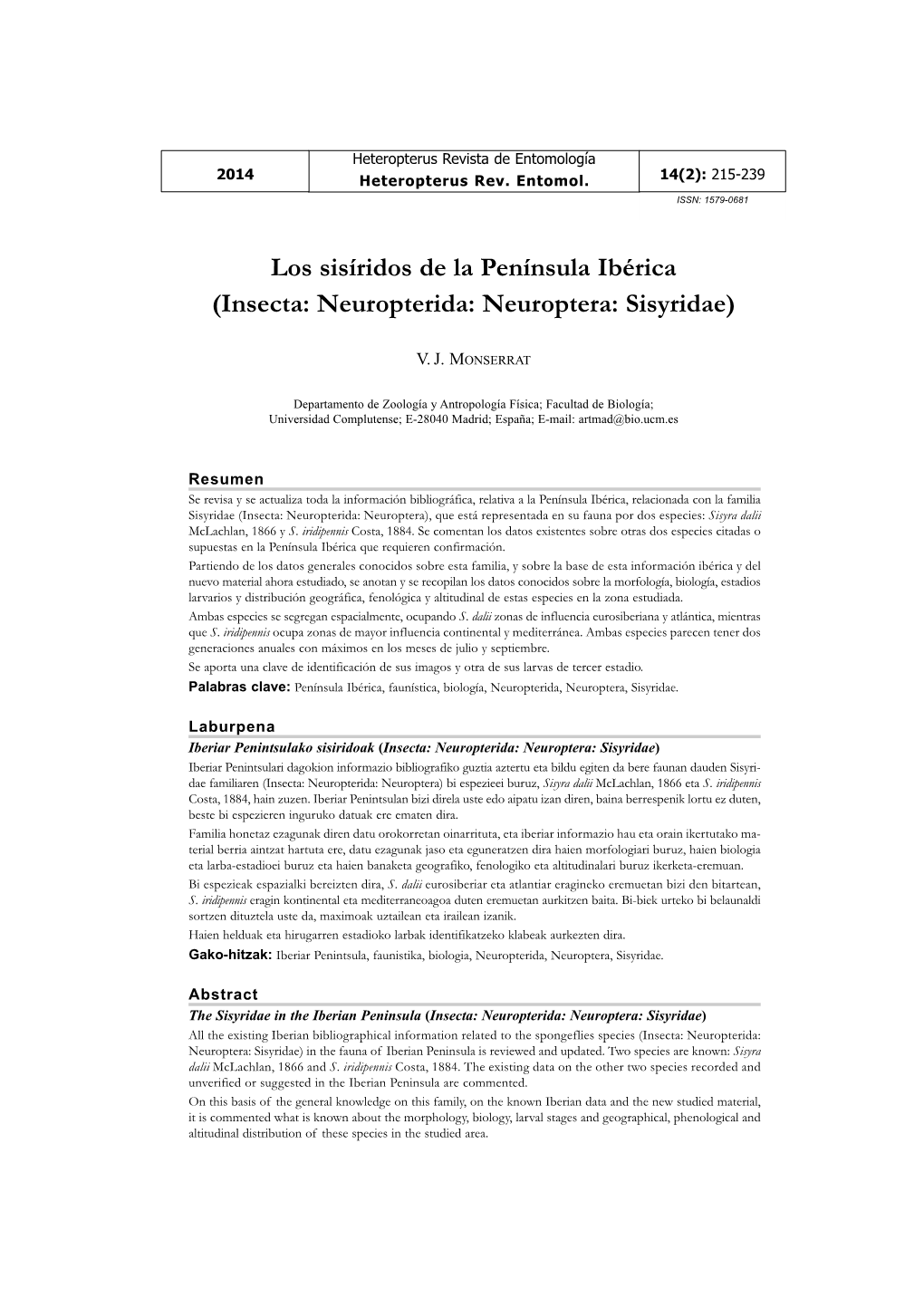 Los Sisíridos De La Península Ibérica (Insecta: Neuropterida: Neuroptera: Sisyridae)