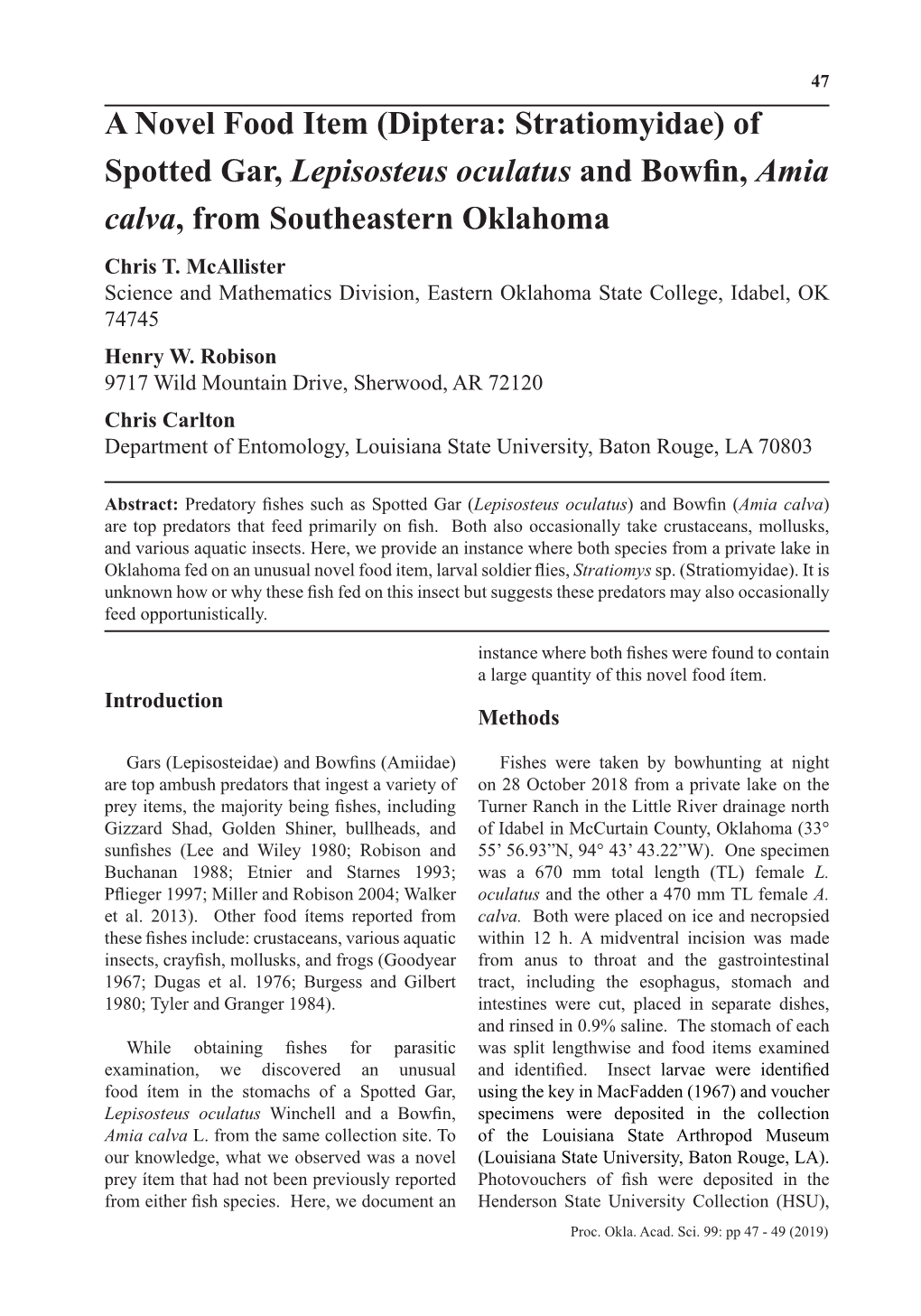 Of Spotted Gar, Lepisosteus Oculatus and Bowfin, Amia Calva, from Southeastern Oklahoma Chris T
