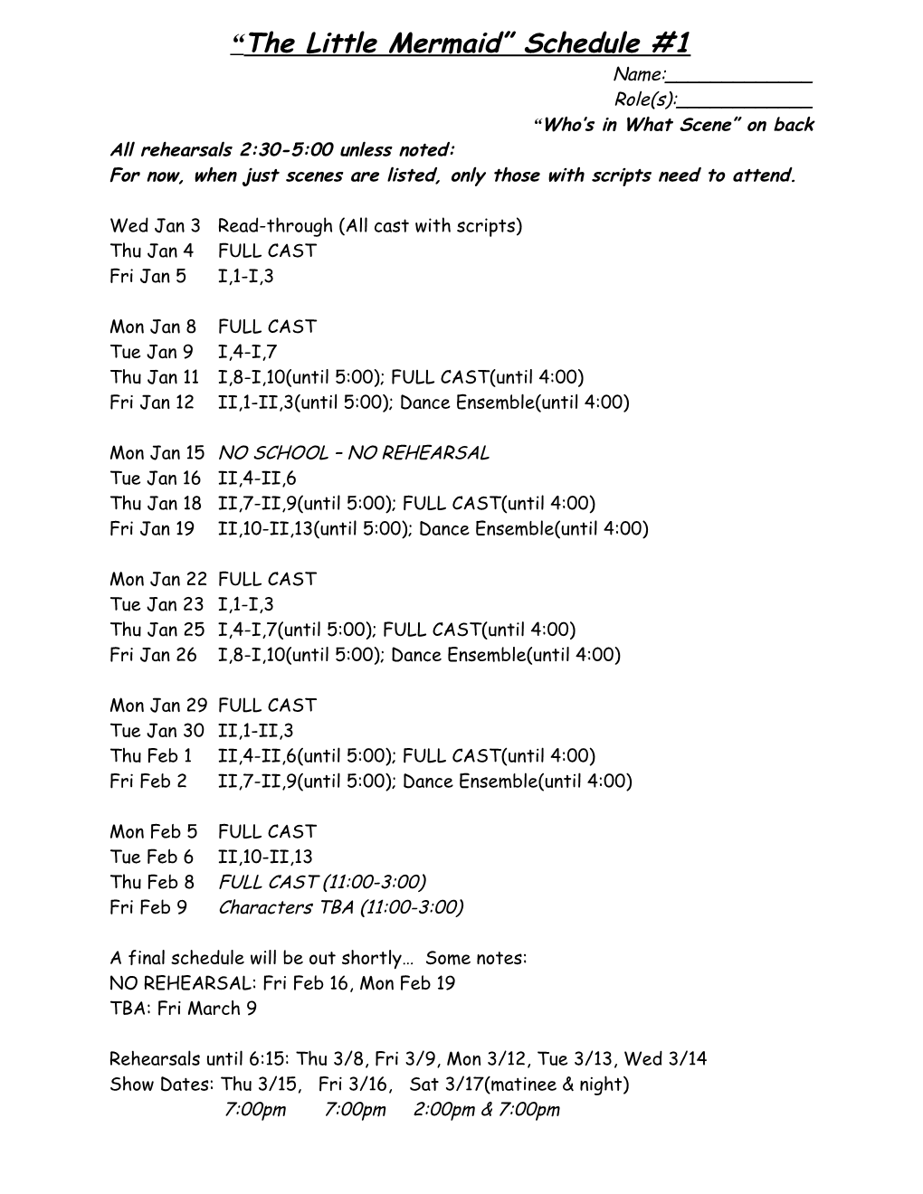 Guys & Dolls Schedule #1